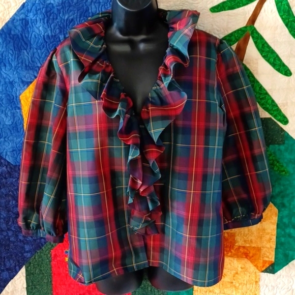 Vintage American Living Deadstock 90s Y2K Plaid Ruffle Blouse Size XLarge - Picture 1 of 7